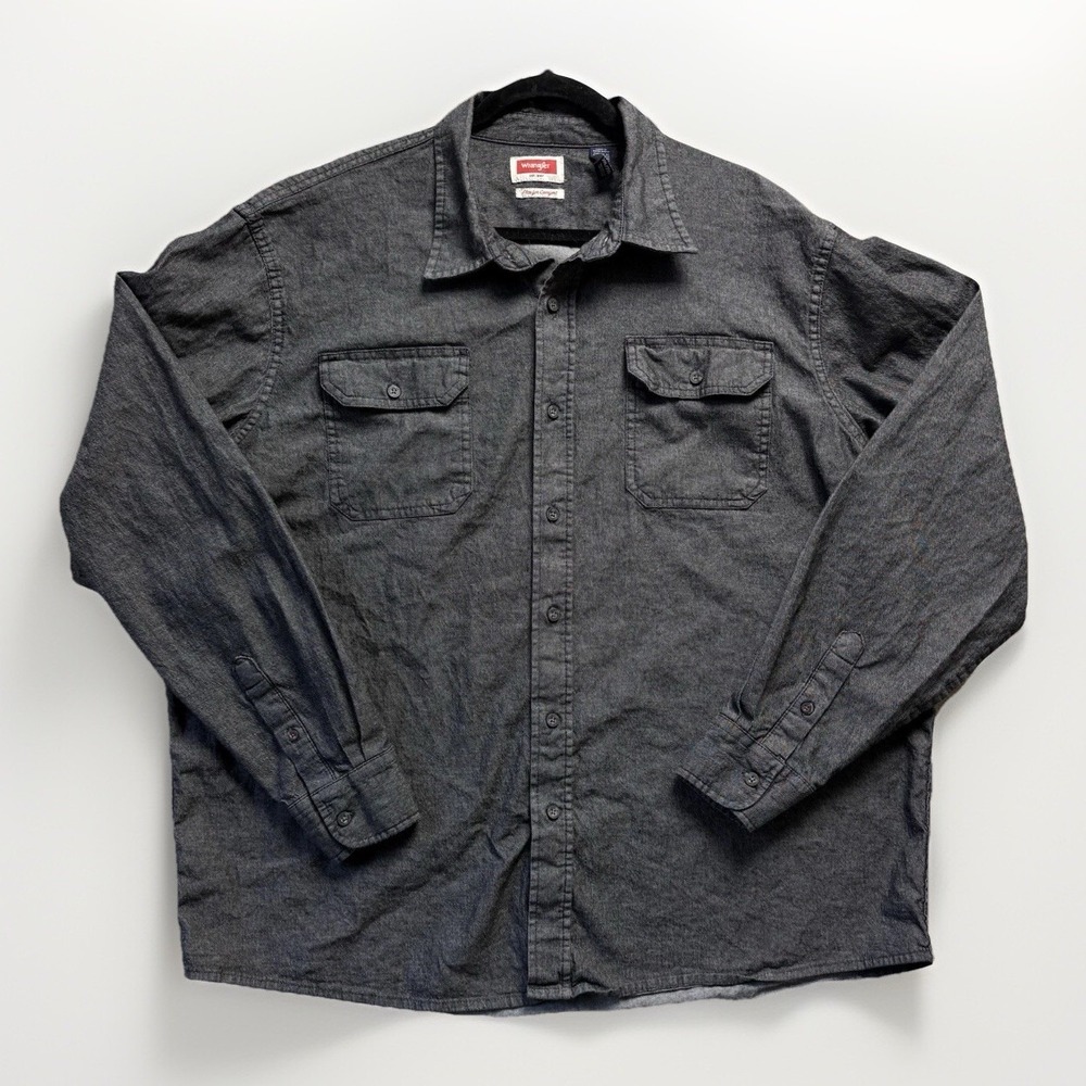 Vintage Wrangler Denim Shirt Men's 2XL Gray Long Sleeve Button Down Flex Comfort